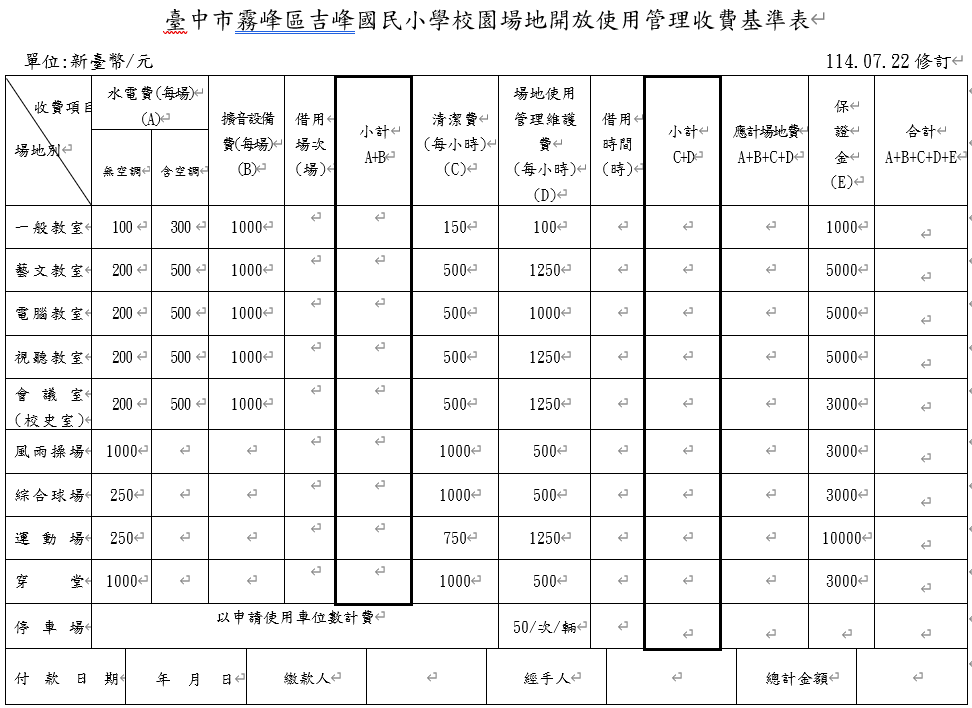 114吉峰國民小學校園場地開放使用管理收費基準表